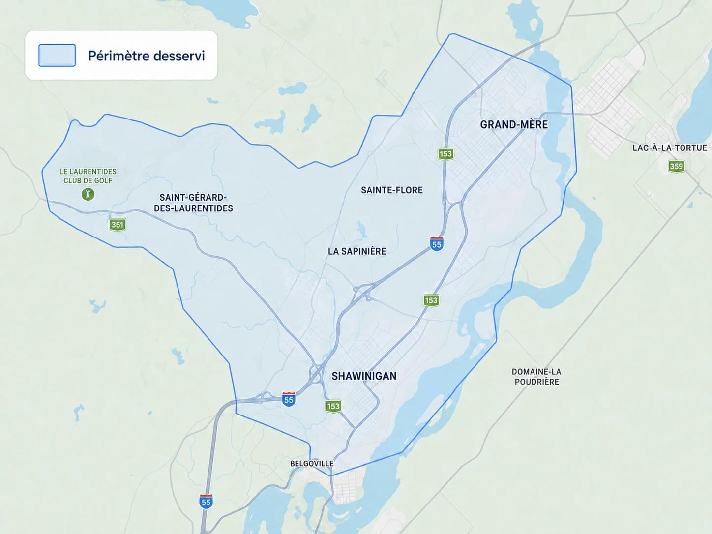 Carte du secteur autour de Shawinigan. Un contour bleu continu enferme le périmètre desservi, teinté en bleu pâle ; une légende en haut à gauche le nomme « Périmètre desservi ». À l'intérieur : Shawinigan, Grand-Mère, Sainte-Flore, Saint-Gérard-des-Laurentides et La Sapinière. Le contour s'arrête avant Lac-à-la-Tortue et Domaine-la-Poudrière, qui restent au-dehors.